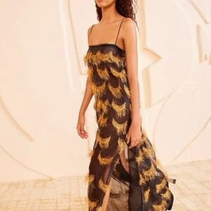 NWT Ulla Johnson Orianne Black Gold Fringe Tinsel Metallic Strappy Maxi Dress!